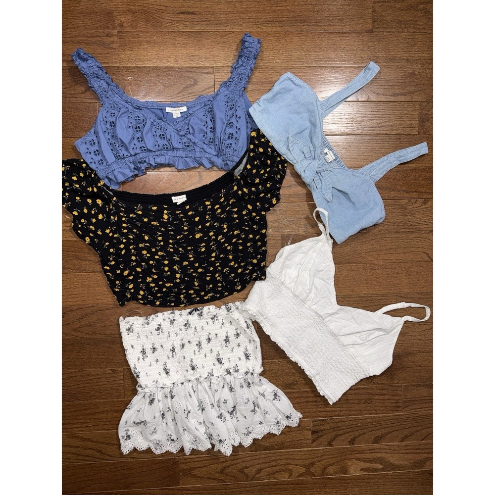 Lot of 5 American Eagle Aeropostale Crop Tops L & XL Gingham Eyelet Smocked Boho